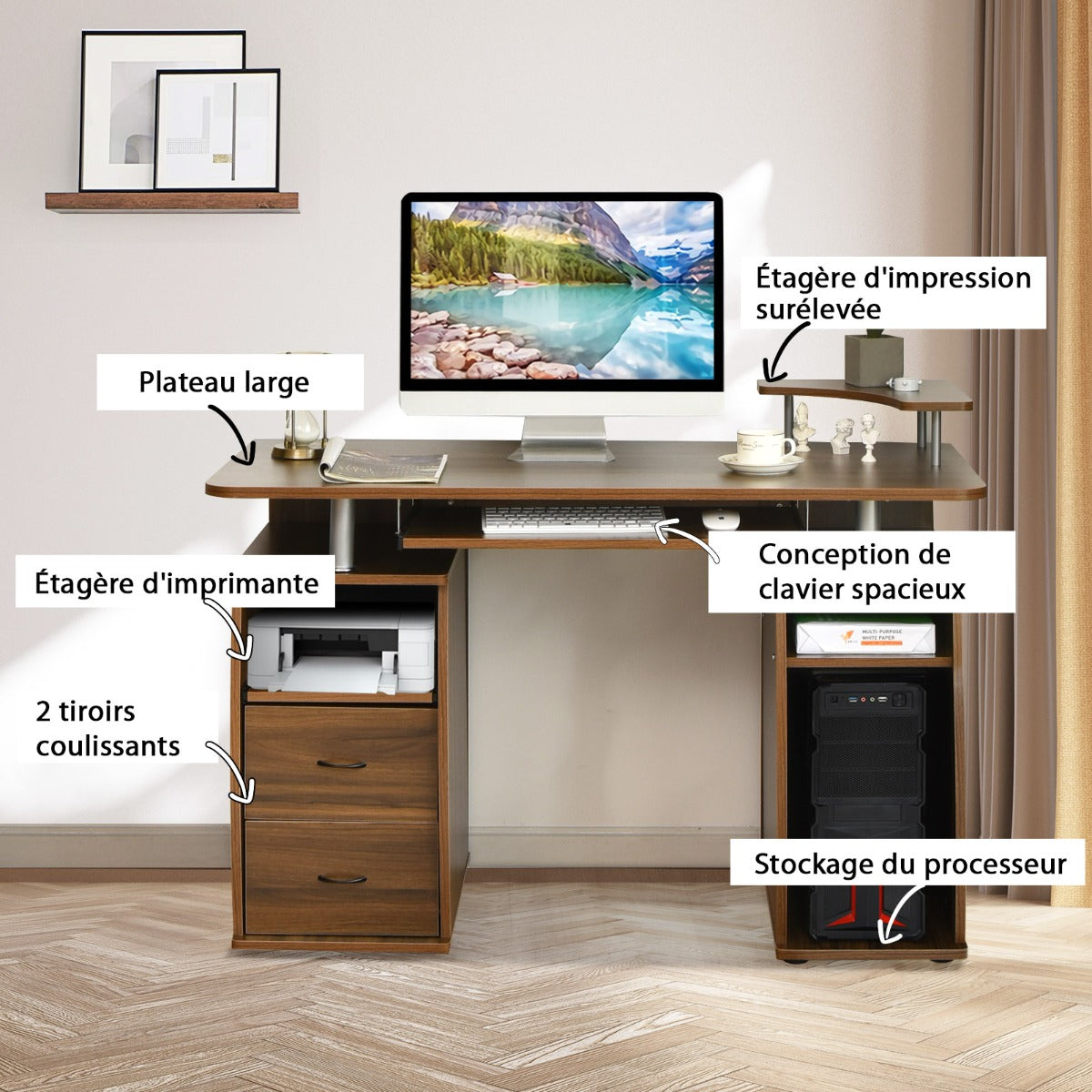 Bureau Ordinateur, Bureau Informatique, Bureau Moderne, Table de Bureau, Poste de Travail avec Tiroirs en Mdf, Costway, 6