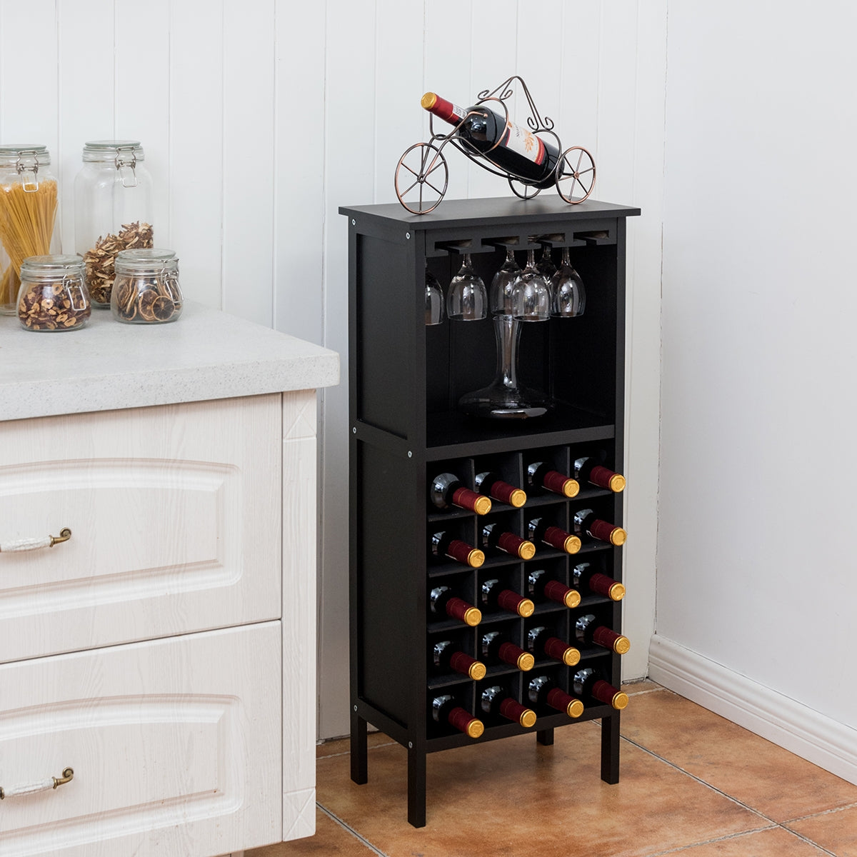 Casier a Bouteille, Porte Bouteille vin, Etagere a Vin, Support de Verre à Pied Capacité 20 Bouteilles, Noir, Costway, 2