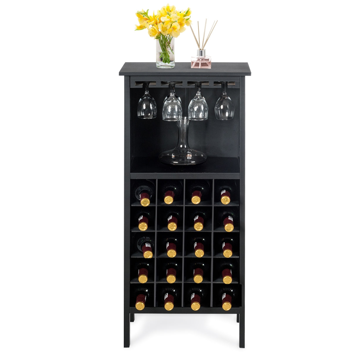Casier a Bouteille, Porte Bouteille vin, Etagere a Vin, Support de Verre à Pied Capacité 20 Bouteilles, Noir, Costway, 3