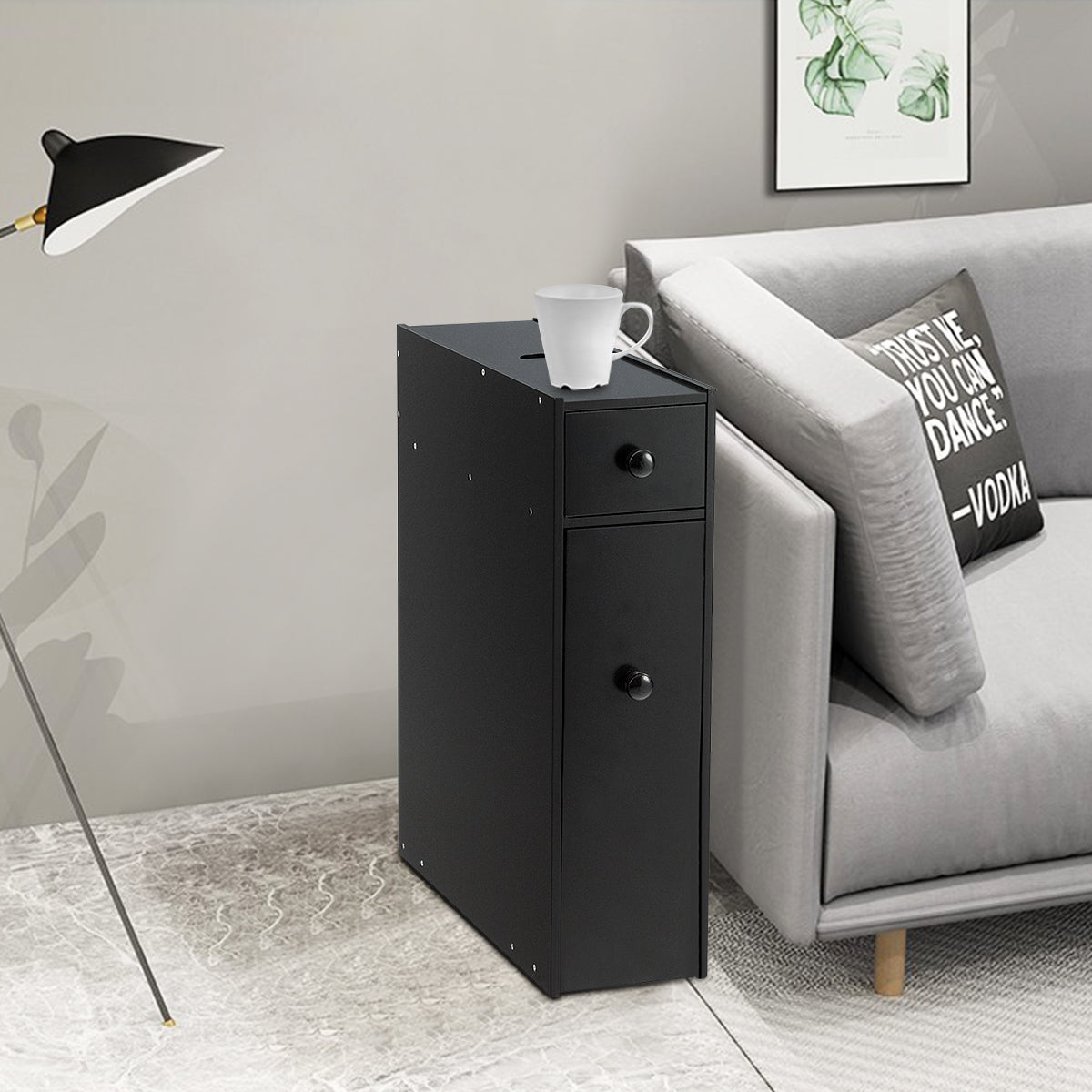 Armoire WC, Armoire salle de bain, Petit Meuble salle de bain, avec Deux Tiroir pour Cuisine Salle de Bains, Noir, Costway, 4