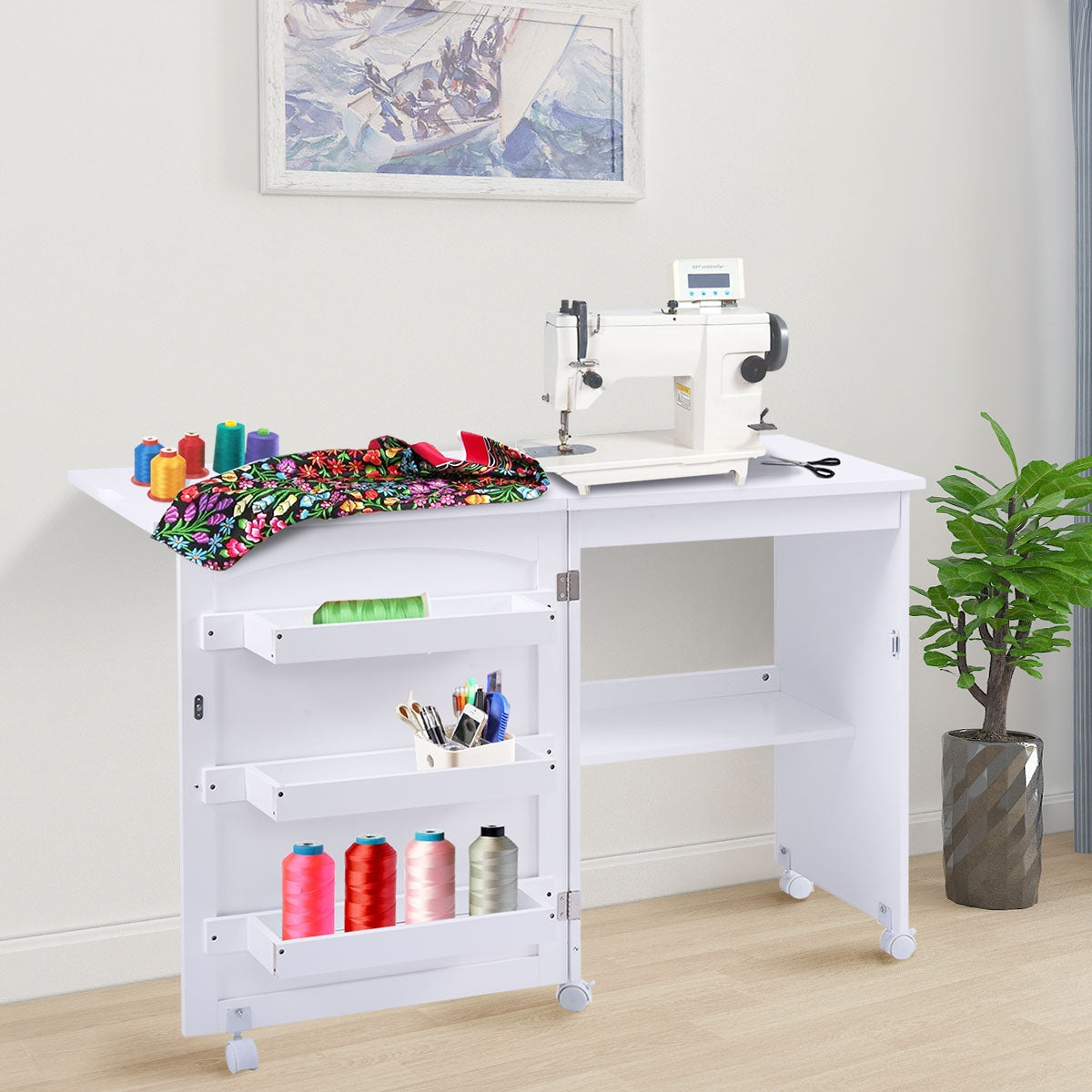 Table pour Machine à Coudre à Roulettes Pliable Table Roulante à 3 Étagères en MDF, 117x40x77cm, Blanc, Costway, 3