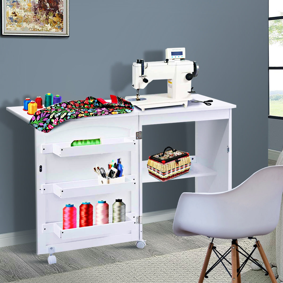 Table pour Machine à Coudre à Roulettes Pliable Table Roulante à 3 Étagères en MDF, 117x40x77cm, Blanc, Costway, 2