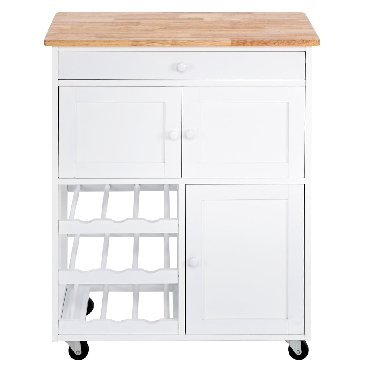 Chariot de Rangement, Ilot de Cuisine, Desserte de Cuisine, Casier a Bouteille, 1 Tiroir, 2 Armoires, Blanc, Costway, 4