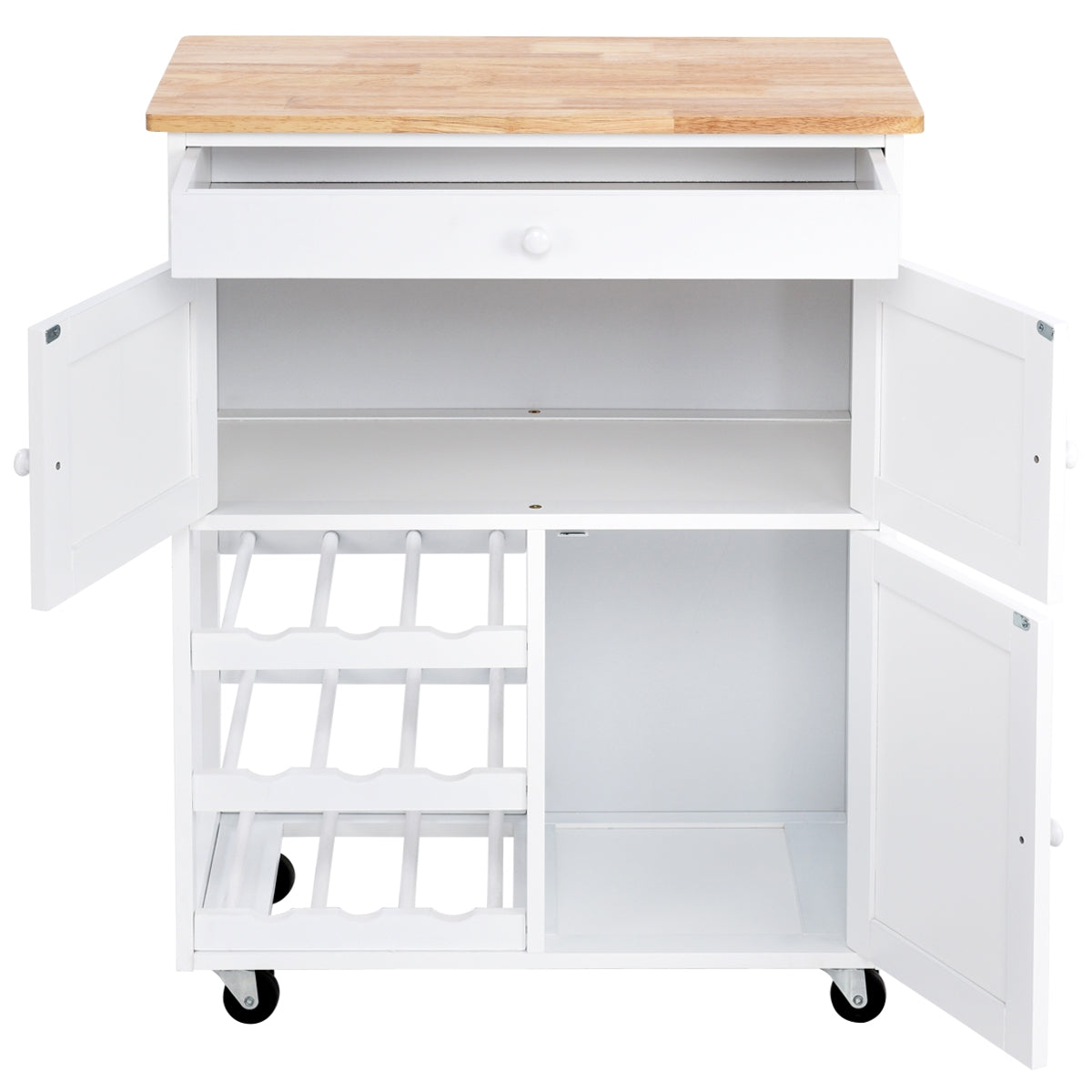 Chariot de Rangement, Ilot de Cuisine, Desserte de Cuisine, Casier a Bouteille, 1 Tiroir, 2 Armoires, Blanc, Costway, 6