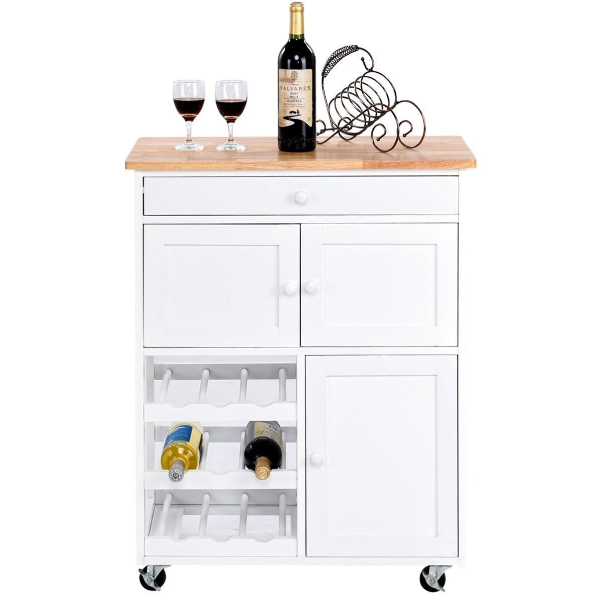 Chariot de Rangement, Ilot de Cuisine, Desserte de Cuisine, Casier a Bouteille, 1 Tiroir, 2 Armoires, Blanc, Costway, 1