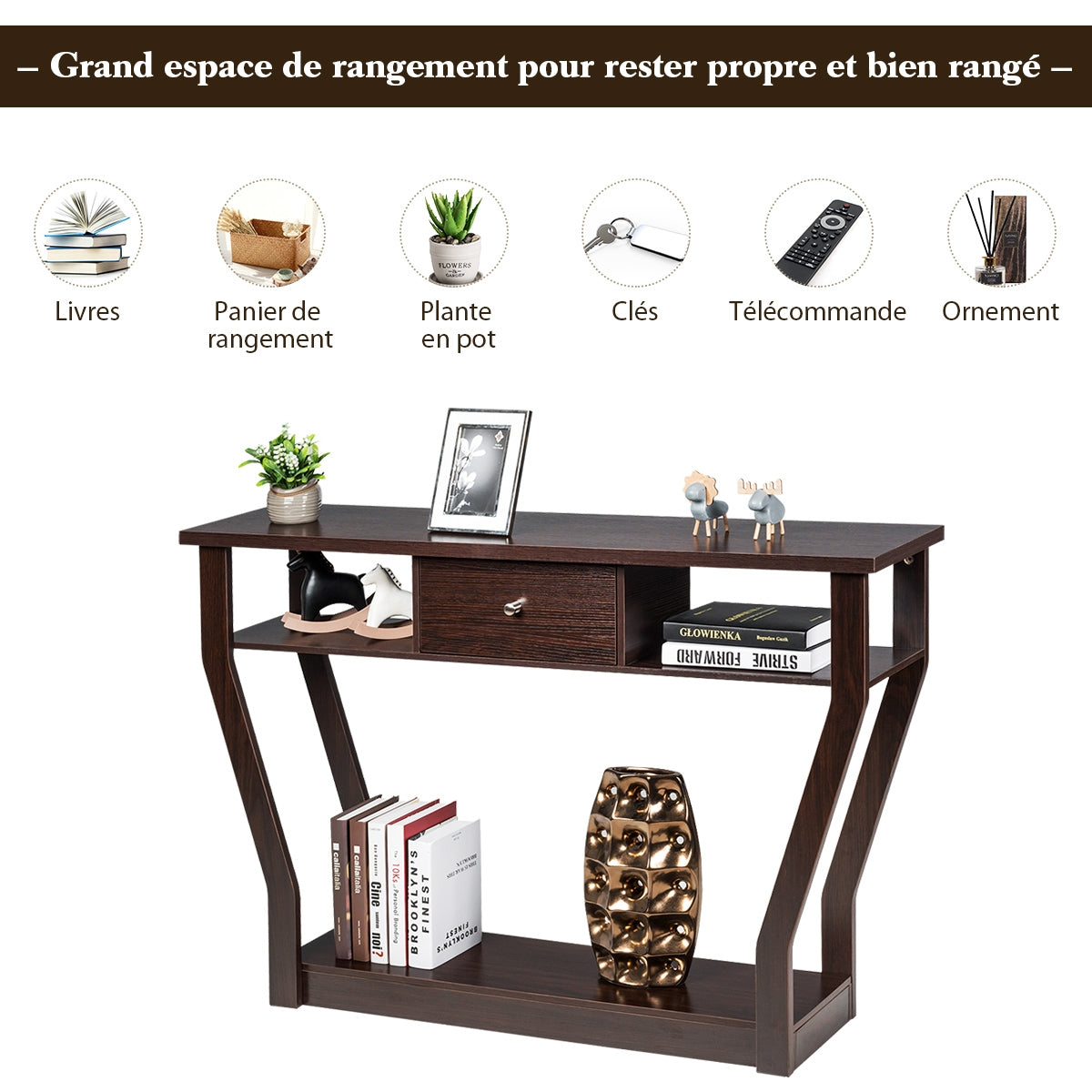 Console d'entrée, Console Meuble, Table Console, Petite Console Entrée,avec un Tiroir et 3 Compartiments, Brun, Costway, 6
