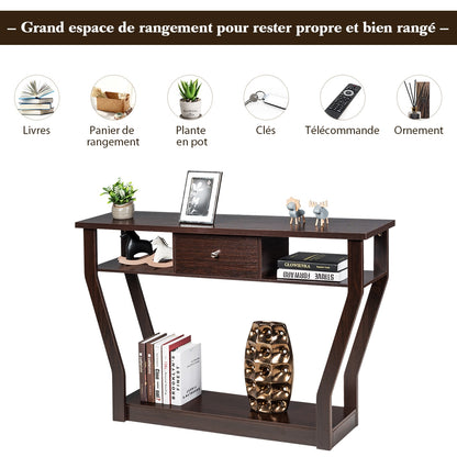 Console d'entrée, Console Meuble, Table Console, Petite Console Entrée,avec un Tiroir et 3 Compartiments, Brun, Costway, 6