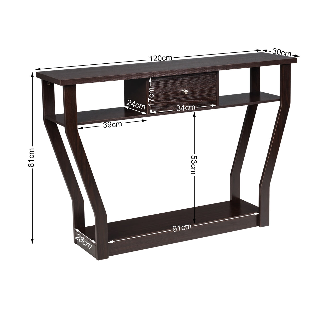 Console d'entrée, Console Meuble, Table Console, Petite Console Entrée,avec un Tiroir et 3 Compartiments, Brun, Costway, 5