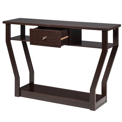Console d'entrée, Console Meuble, Table Console, Petite Console Entrée,avec un Tiroir et 3 Compartiments, Brun, Costway, 1