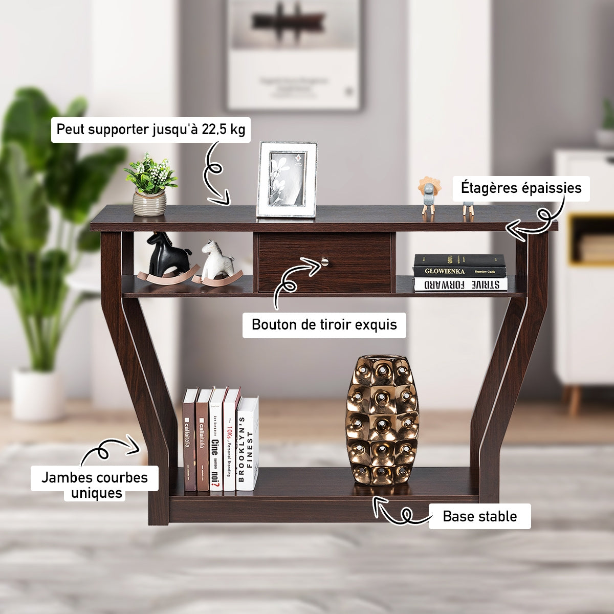 Console d'entrée, Console Meuble, Table Console, Petite Console Entrée,avec un Tiroir et 3 Compartiments, Brun, Costway, 8