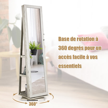 Armoire a Bijoux, Miroir Bijoux, Pivotante à 360 Degrés avec Grand Miroir Psyché et Etagère de Rangement à L’Arrière, Blanc, Costway, 8