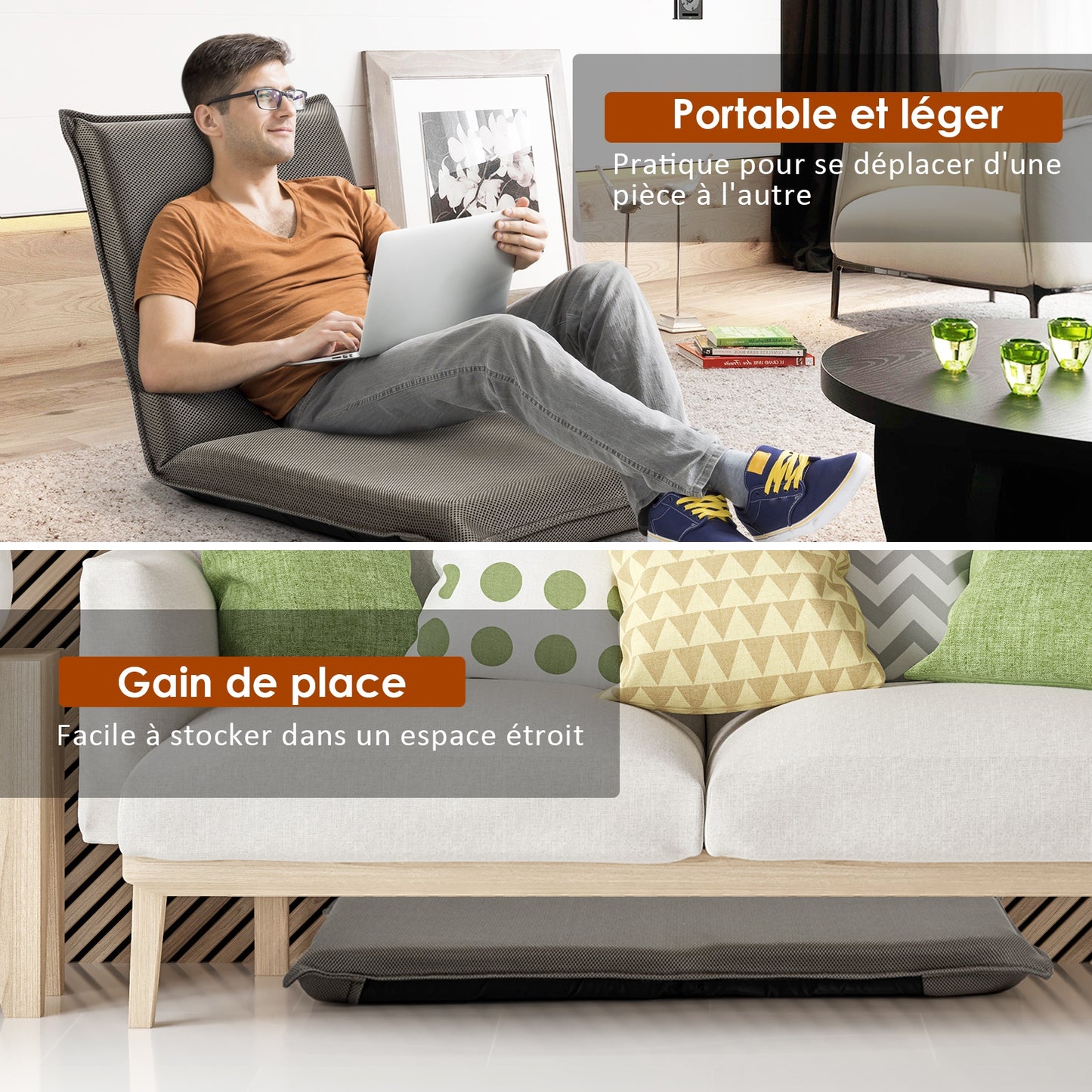 Chaise de Sol, Banquette Convertible, Pliable Tatami Inclinable en 6 Position, 44 x 54,5 x 53,5 CM, Gris, Costway, 5