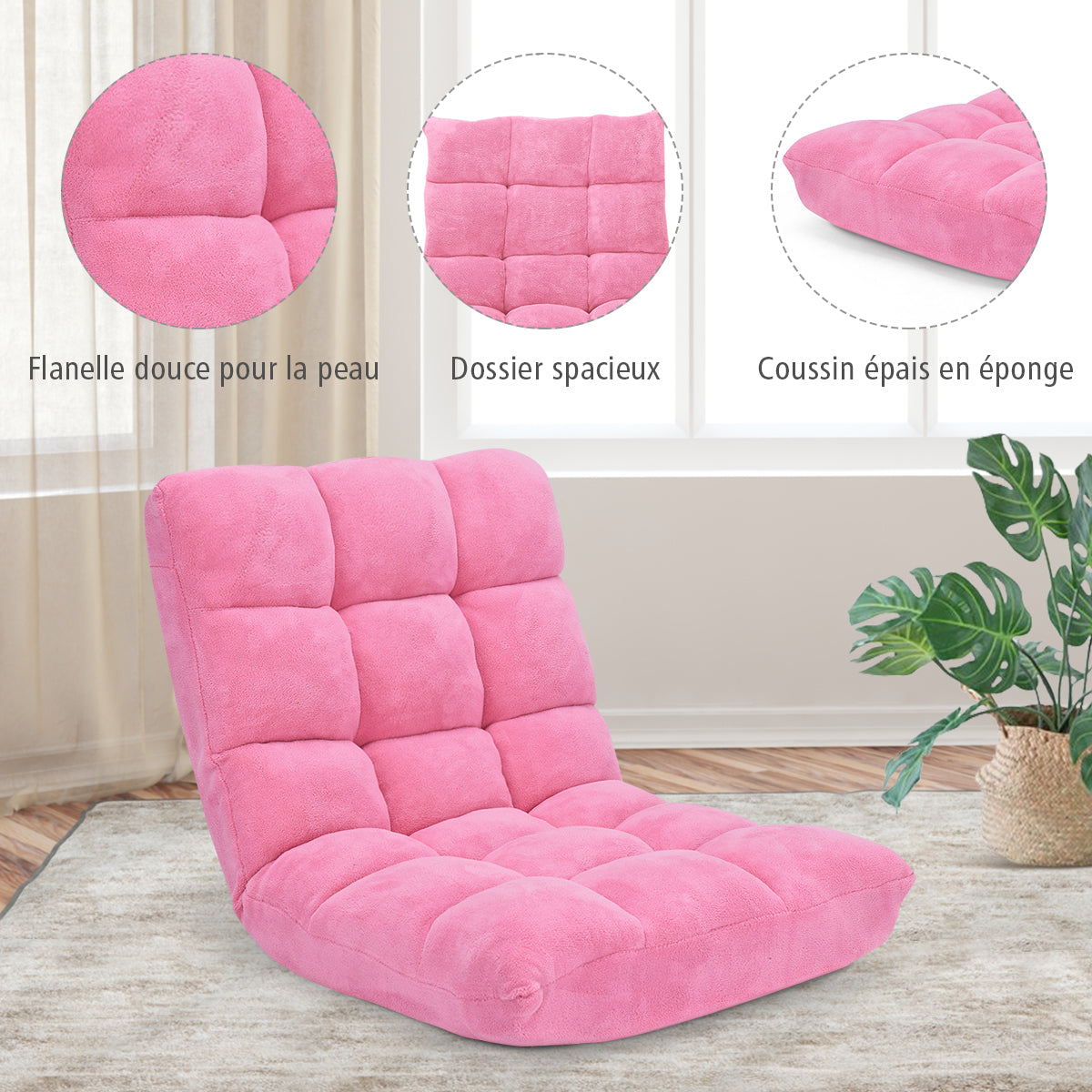 Chaise de Sol, Canapé Lit, Banquette Convertible, Canapé Lit Convertible, avec 14 Positions Réglables, Rose, Costway, 5