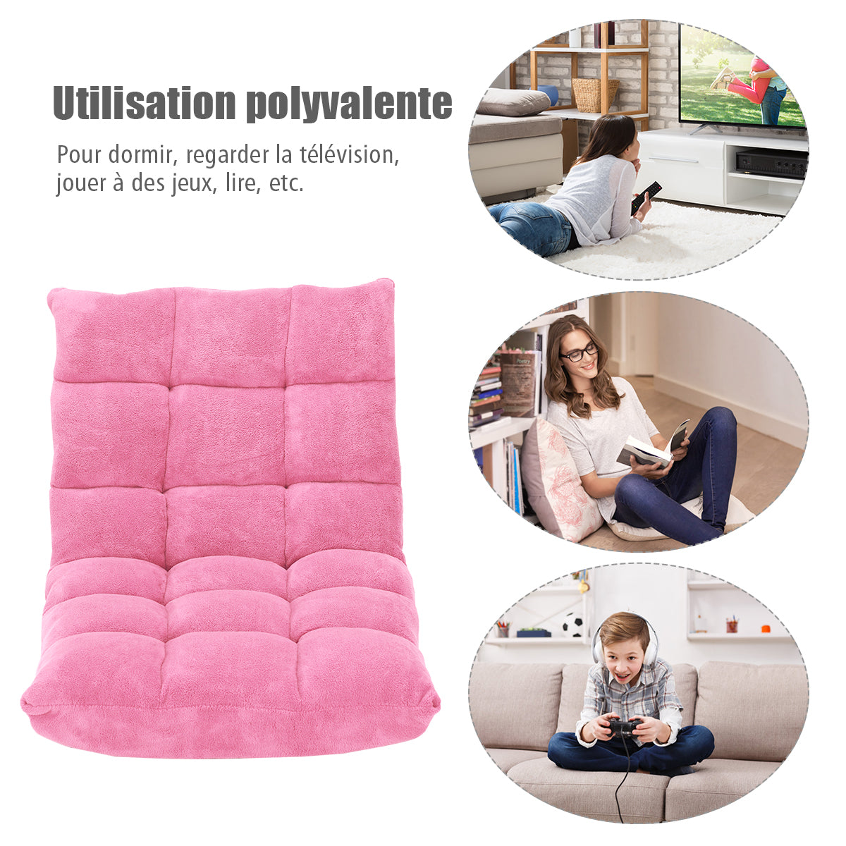 Chaise de Sol, Canapé Lit, Banquette Convertible, Canapé Lit Convertible, avec 14 Positions Réglables, Rose, Costway, 6