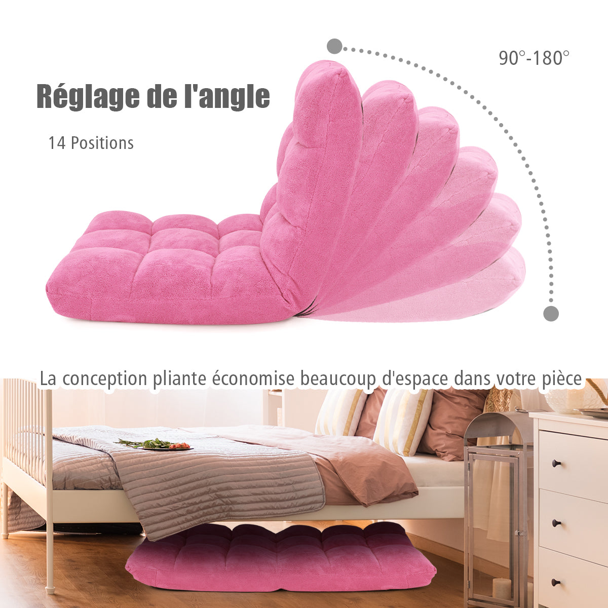 Chaise de Sol, Canapé Lit, Banquette Convertible, Canapé Lit Convertible, avec 14 Positions Réglables, Rose, Costway, 7