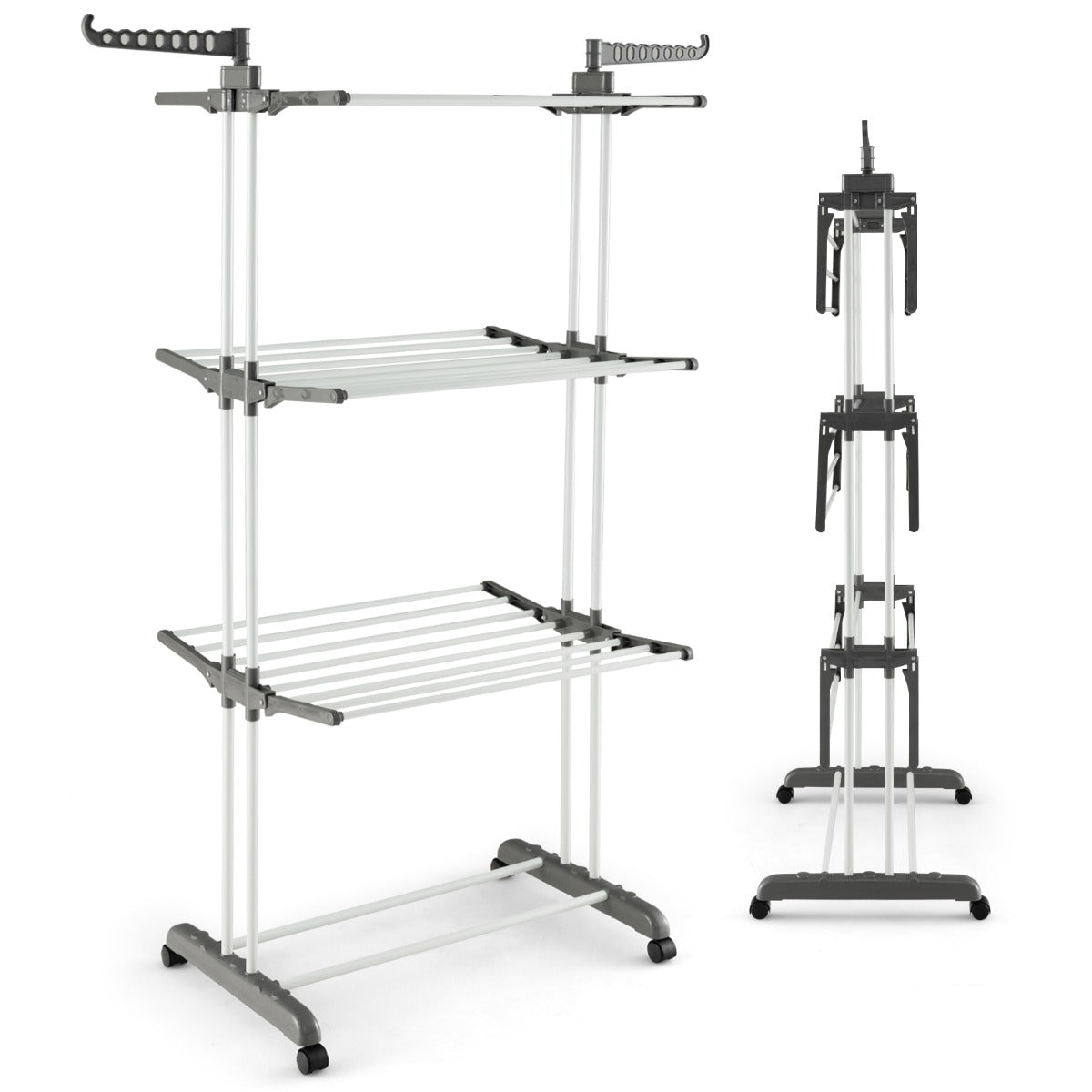 Etendoir a Linge Pliable, avec Ailes Latérales Rotatives et Étagères Pliables pour une Utilisation, Gris, Costway, 1