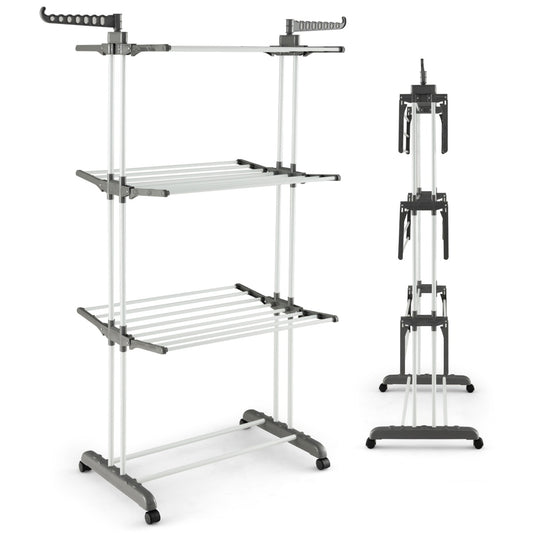 Etendoir a Linge Pliable, avec Ailes Latérales Rotatives et Étagères Pliables pour une Utilisation, Gris, Costway, 1