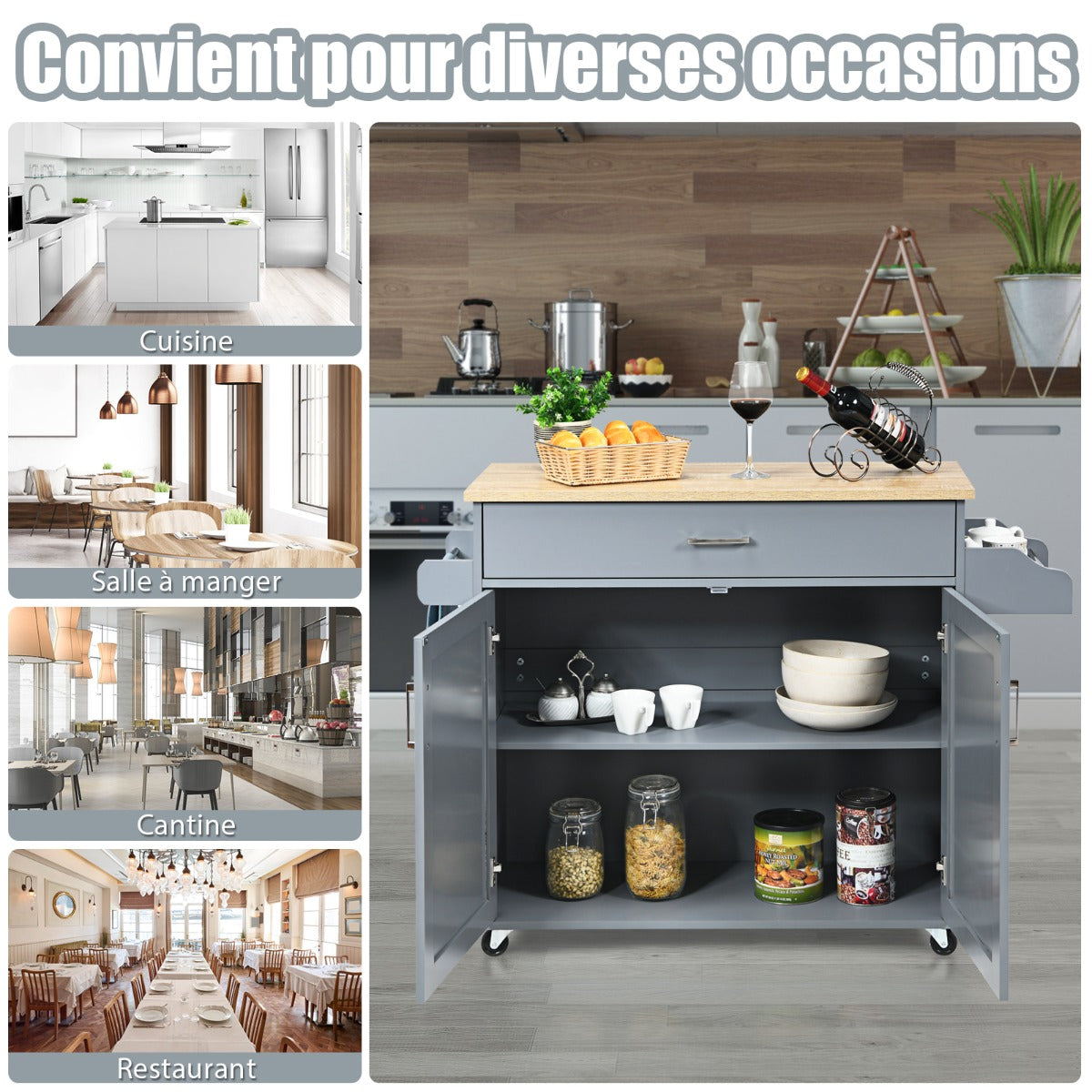 Chariot de Rangement, Ilot de Cuisine, Desserte a Roulette, Desserte de Cuisine, Desserte micro onde, Gris, Costway, 5