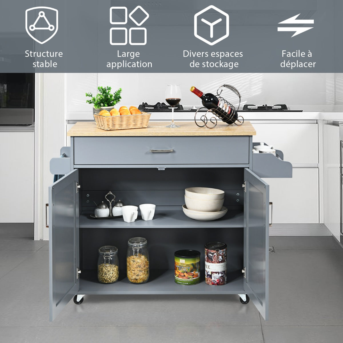 Chariot de Rangement, Ilot de Cuisine, Desserte a Roulette, Desserte de Cuisine, Desserte micro onde, Gris, Costway, 4