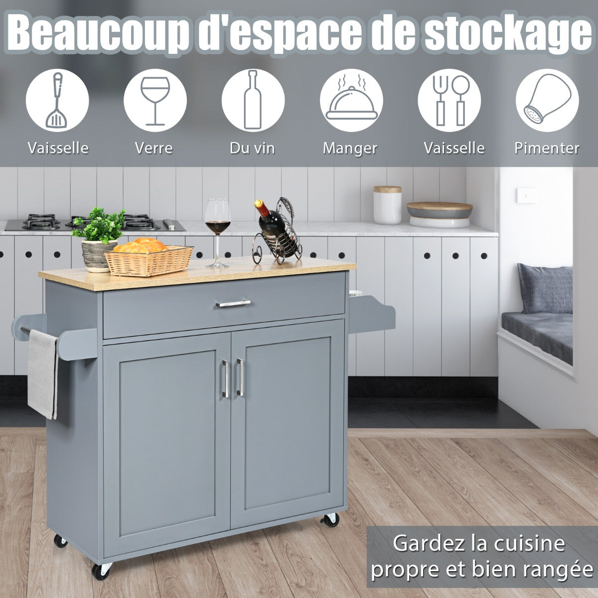Chariot de Rangement, Ilot de Cuisine, Desserte a Roulette, Desserte de Cuisine, Desserte micro onde, Gris, Costway, 6