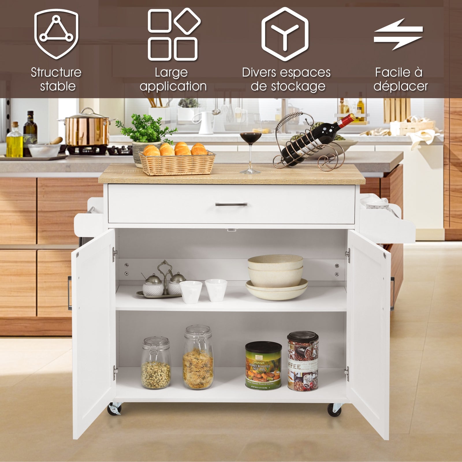 Desserte a Roulette, Chariot de Rangement, Ilot de Cuisine, Desserte de Cuisine, Desserte micro onde, Blanc, Costway, 8
