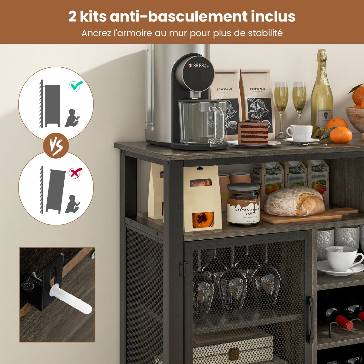 Buffet de Cuisine, Buffet Salon, Casier a Bouteille, 8 Bouteilles 6 Rangées de Porte-verres 2 Portes, Gris, Costway, 7