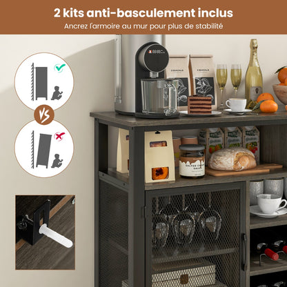 Buffet de Cuisine, Buffet Salon, Casier a Bouteille, 8 Bouteilles 6 Rangées de Porte-verres 2 Portes, Gris, Costway, 7