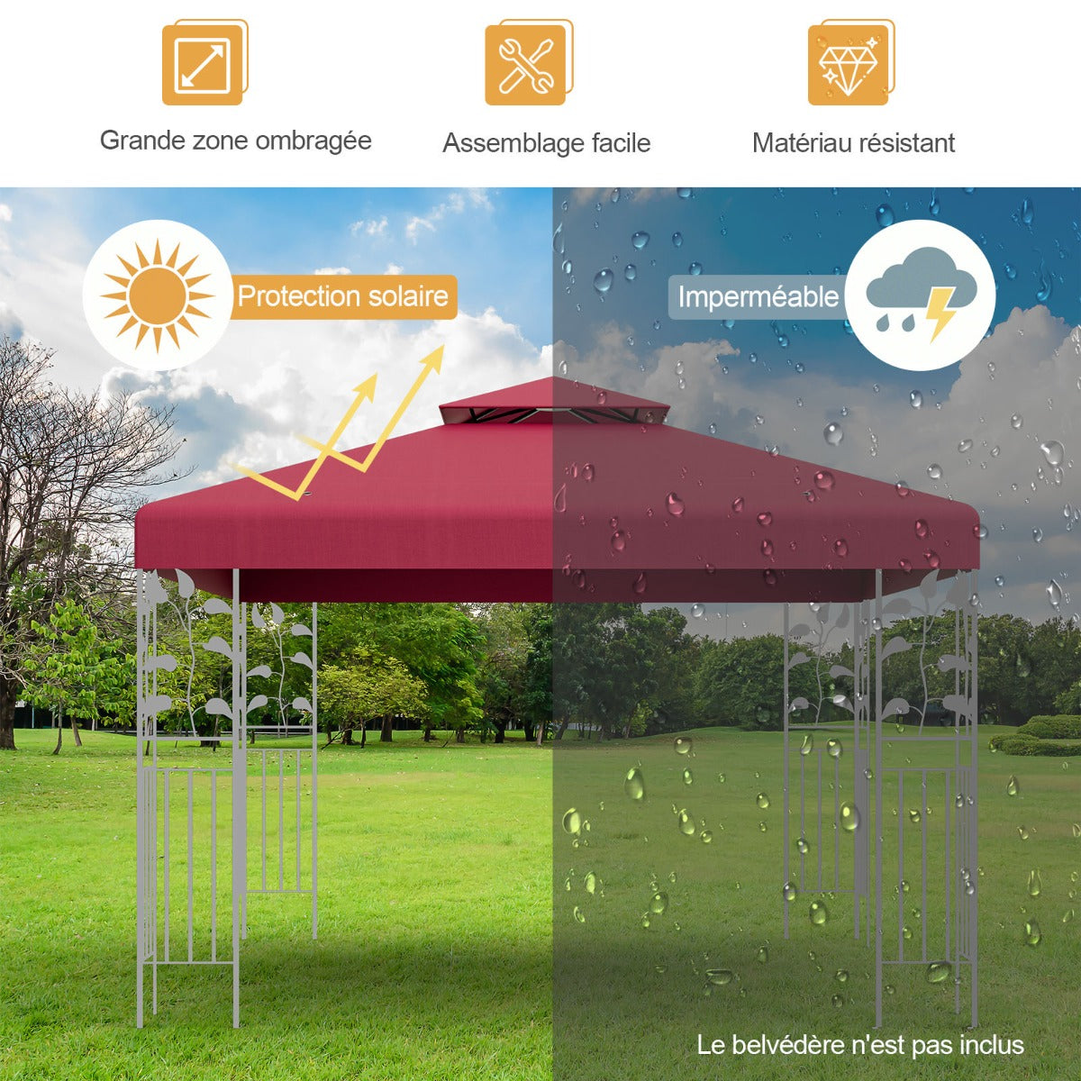 Pergola Terrasse, Tonnelle de jardin, Toile Supérieure 3x3m pour Tonnelle à 2 Niveaux Toile de Gazebo Boucles, Costway, 8