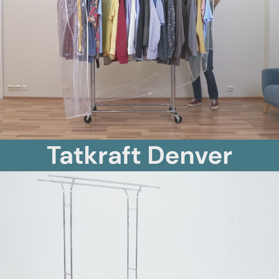 Portant Vêtement Solide avec Housse Imperméable, Charge 110 kg, sur roulettes, 2 tringles, Acier Chromé, Tatkraft Denver & Safe, video