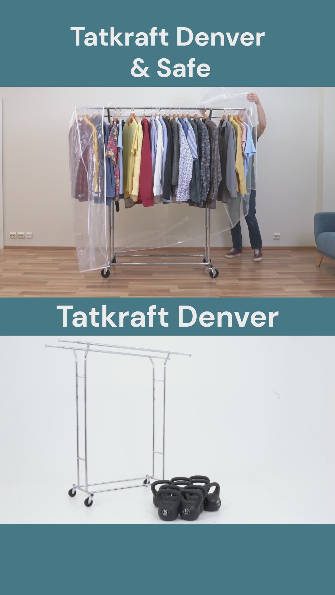 Portant Vêtement Solide avec Housse Imperméable, Charge 110 kg, sur roulettes, 2 tringles, Acier Chromé, Tatkraft Denver & Safe, video