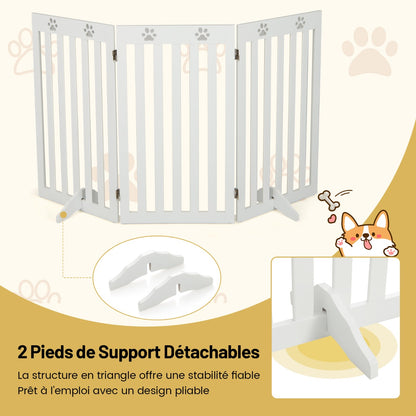 Barriere Chien, Barrière pour Chien sans Percer, Autoportante 3 Panneaux en Bois Charnières Métalliques à 360° Blanc, Costway, 7