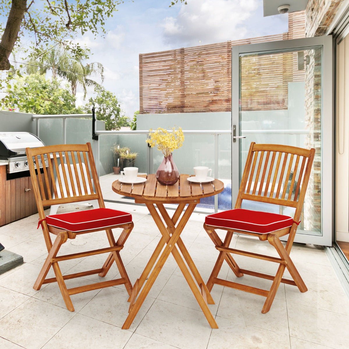 Ensemble Table et Chaise, Table et Chaise de Jardin, Pliable, 2 Chaises et1 Table Ronde en Bois, Naturel Rouge, Costway, 4