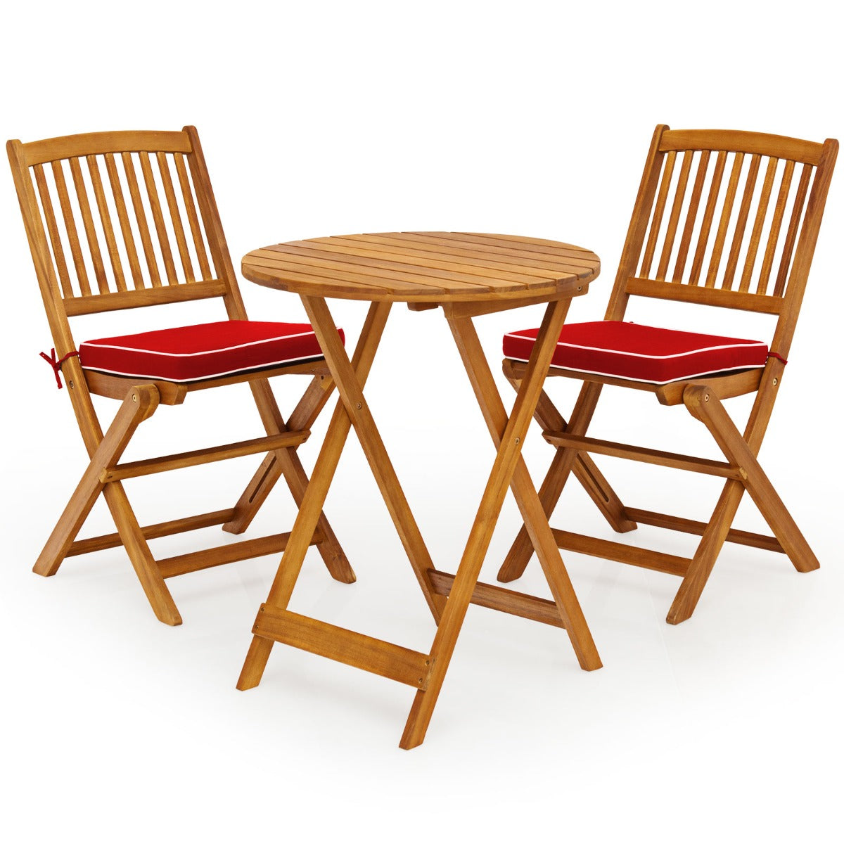 Ensemble Table et Chaise, Table et Chaise de Jardin, Pliable, 2 Chaises et1 Table Ronde en Bois, Naturel Rouge, Costway, 1