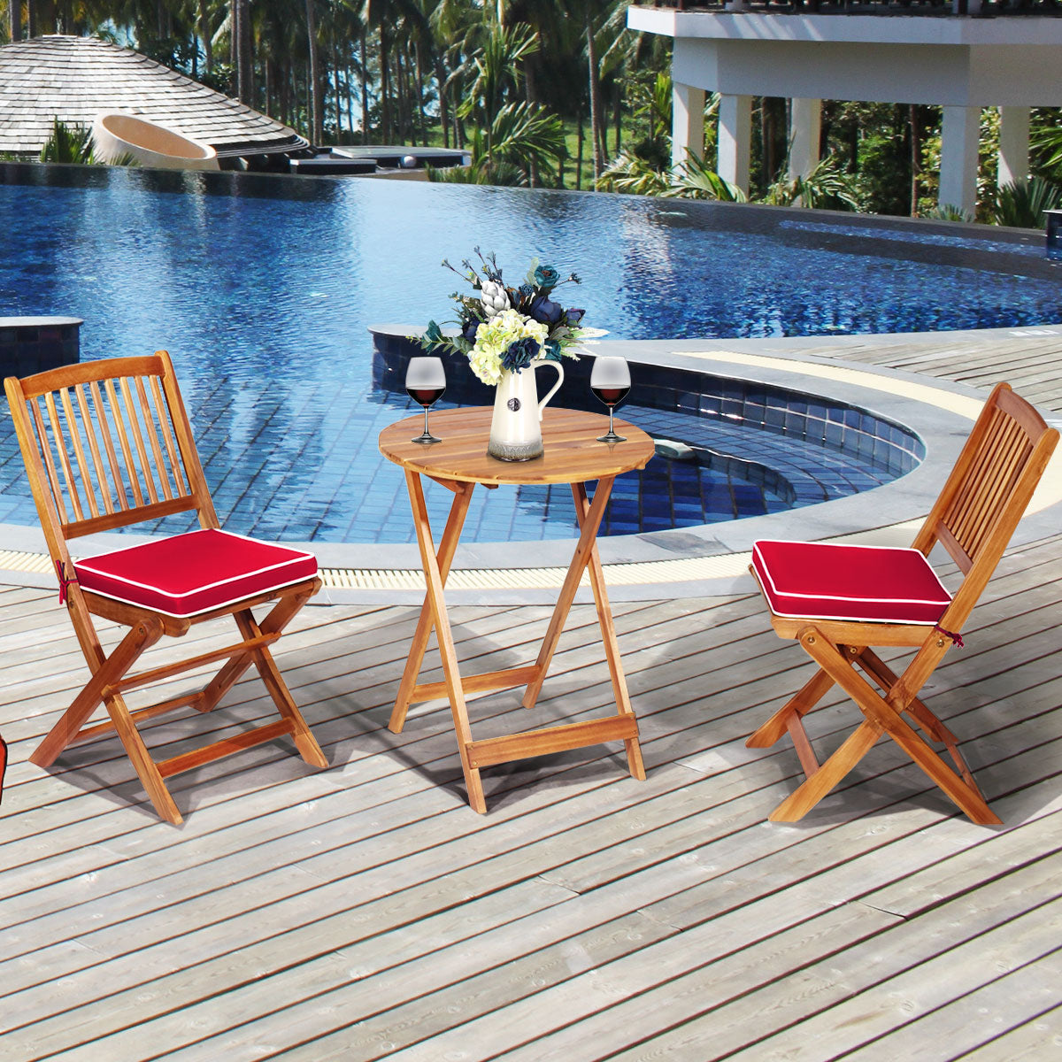 Ensemble Table et Chaise, Table et Chaise de Jardin, Pliable, 2 Chaises et1 Table Ronde en Bois, Naturel Rouge, Costway, 3