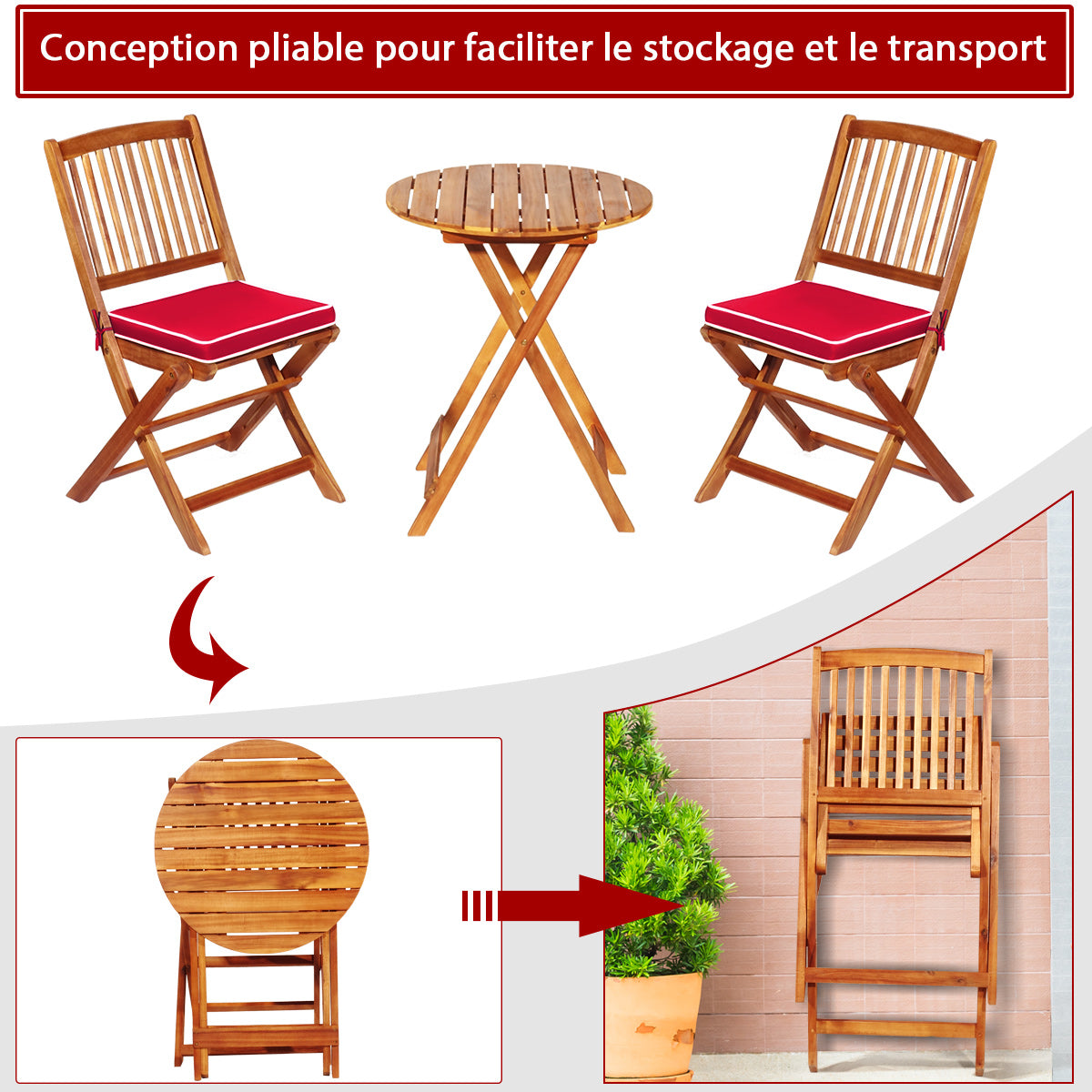 Ensemble Table et Chaise, Table et Chaise de Jardin, Pliable, 2 Chaises et1 Table Ronde en Bois, Naturel Rouge, Costway, 7