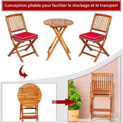 Ensemble Table et Chaise, Table et Chaise de Jardin, Pliable, 2 Chaises et1 Table Ronde en Bois, Naturel Rouge, Costway, 7