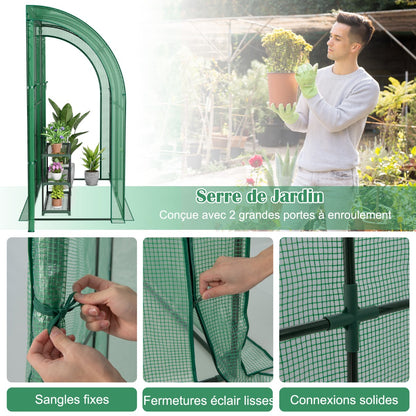 Serre de Jardin, avec Étagère à Plantes 3 Niveaux 2 Portes Zippées, Jardin Couvert, Adossée en PE, Vert, Costway, 4