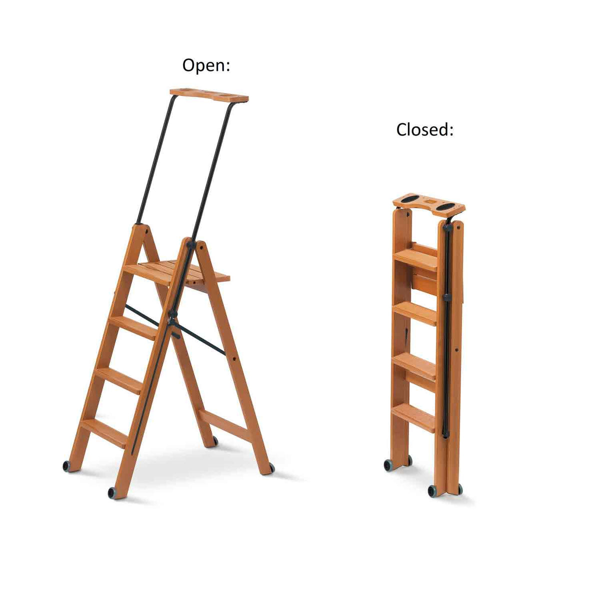 Escabeau, Facilité d'ouverture et de fermeture, roulettes en position fermée