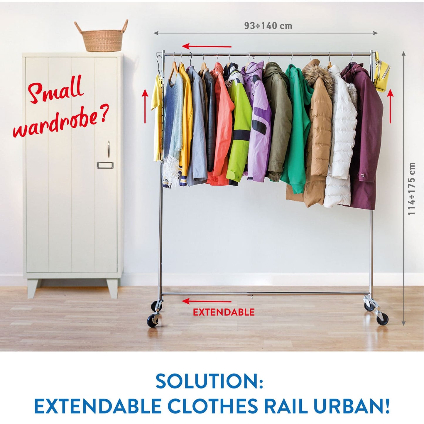 Portant Vêtement, Extensible, Hauteur ajustable, Penderie sur Roulette, Portant, Tatkraft Urban