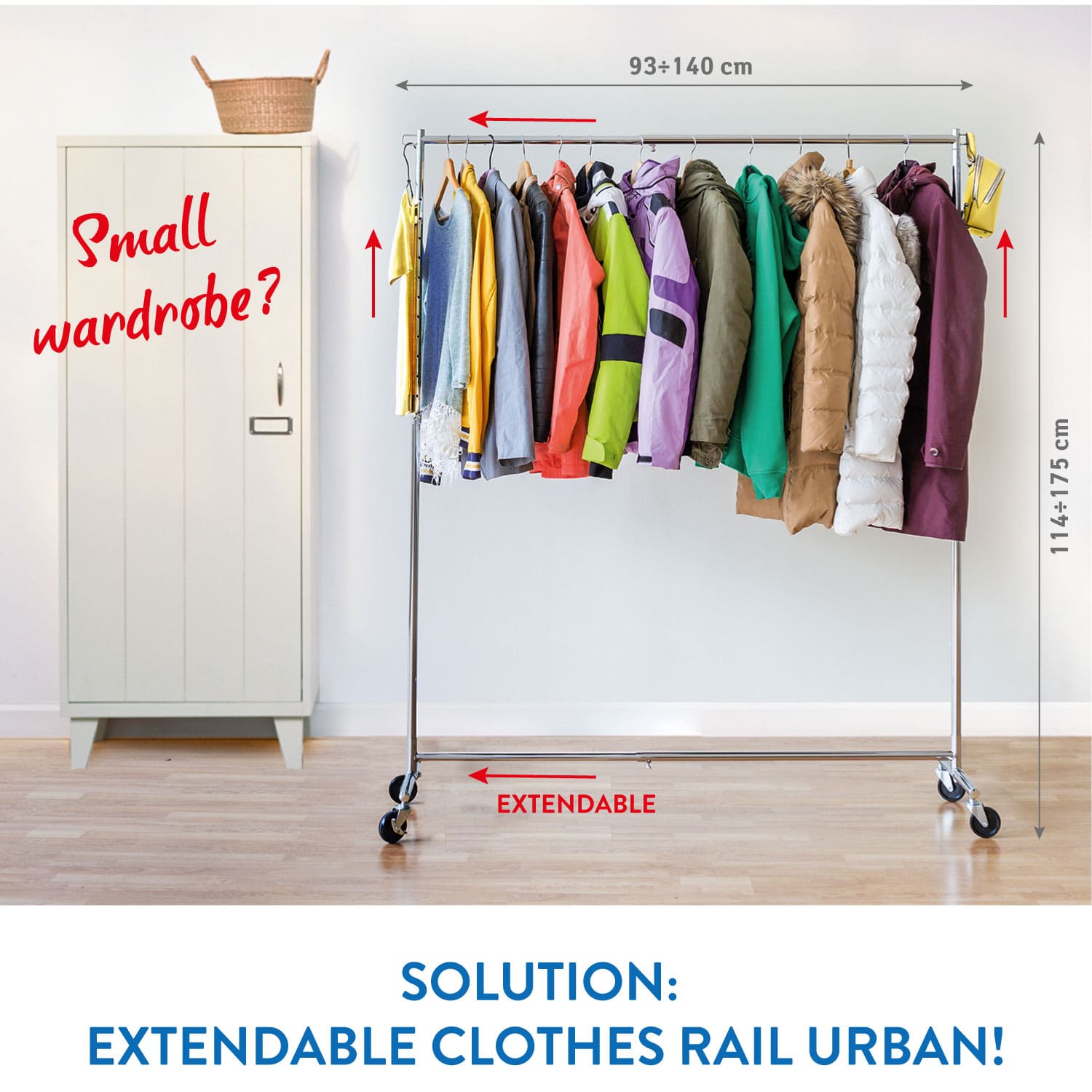 Portant Vêtement, Extensible, Hauteur ajustable, Penderie sur Roulette, Portant, Tatkraft Urban